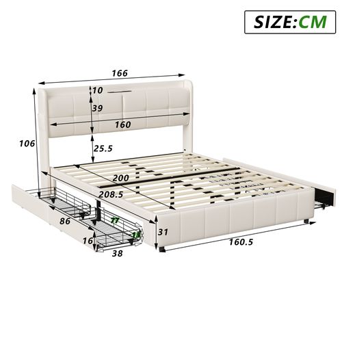 Lit 160x200 Cm Avec Sommier à Lattes,  Avec 4 Tiroirs De Rangement Et Recharge USB, Pu, Blanc