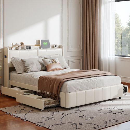 Lit 160x200 Cm Avec Sommier à Lattes,  Avec 4 Tiroirs De Rangement Et Recharge USB, Pu, Blanc
