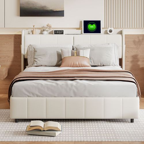 Lit 160x200 Cm Avec Sommier à Lattes,  Avec 4 Tiroirs De Rangement Et Recharge USB, Pu, Blanc