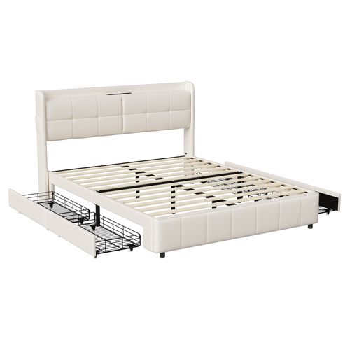 Lit 160x200 Cm Avec Sommier à Lattes,  Avec 4 Tiroirs De Rangement Et Recharge USB, Pu, Blanc