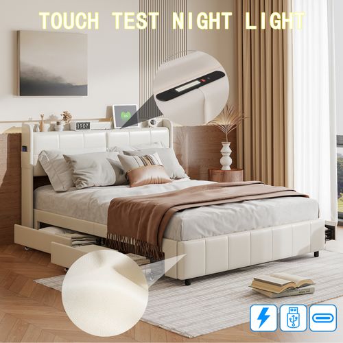 Lit 160x200 Cm Avec Sommier à Lattes,  Avec 4 Tiroirs De Rangement Et Recharge USB, Pu, Blanc