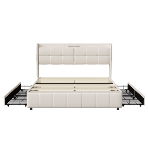 Lit 160x200 Cm Avec Sommier à Lattes,  Avec 4 Tiroirs De Rangement Et Recharge USB, Pu, Blanc