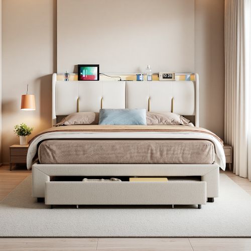Lit Coffre 140x200 Cm Avec LED Et USB, Lit Double Rembourré Avec Tiroirs, Velours, Beige