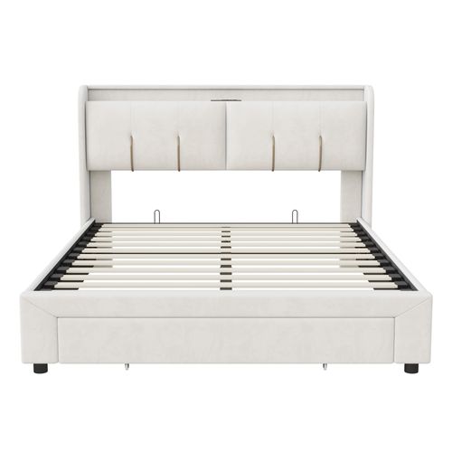 Lit Coffre 140x200 Cm Avec LED Et USB, Lit Double Rembourré Avec Tiroirs, Velours, Beige