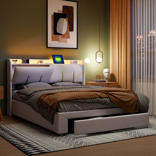 Lit Coffre 140x200 Cm Avec LED Et USB, Lit Double Rembourré Avec Tiroirs, Velours, Beige