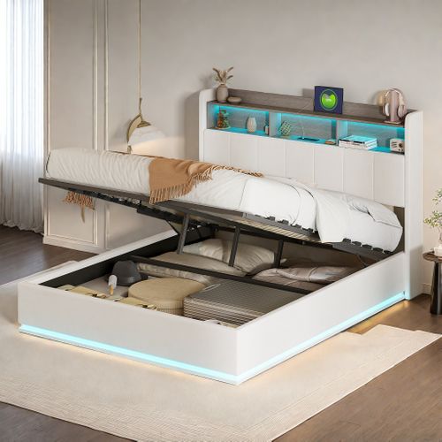 Lit Coffre 140x200 Lit Double Rembourré, Avec LED Et USB, Sommier à Lattes, Velours, Blanc