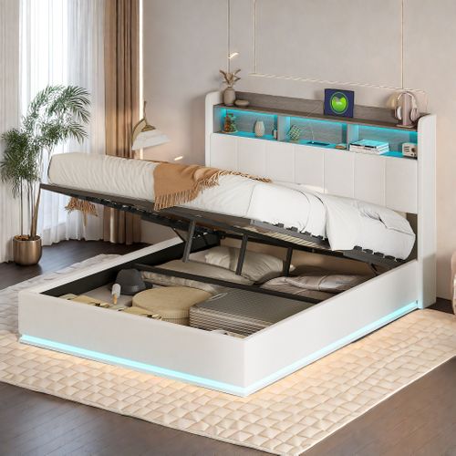 Lit Coffre 160x200 Lit Double Rembourré, Avec LED Et USB, Sommier à Lattes, Velours, Blanc