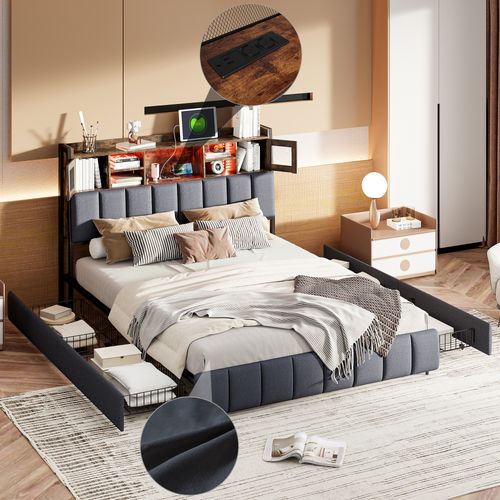 Lit Rembourré 160 X 200 Cm, Tête De Lit LED Avec Compartiment De Rangement Et USB, Lit Double, Noir