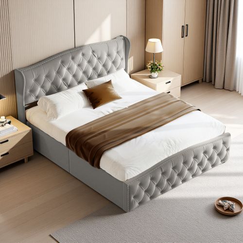Lit Rembourré Avec Rangement 160 X 200 Cm, Avec Tête De Lit De Ligne De Vague, Gris