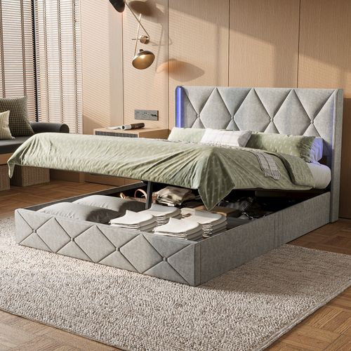 Lit Double Rembourré 160x200 Cm, Avec LED, Lit Coffre Avec Rangement Et Sommier à Lattes, Gris