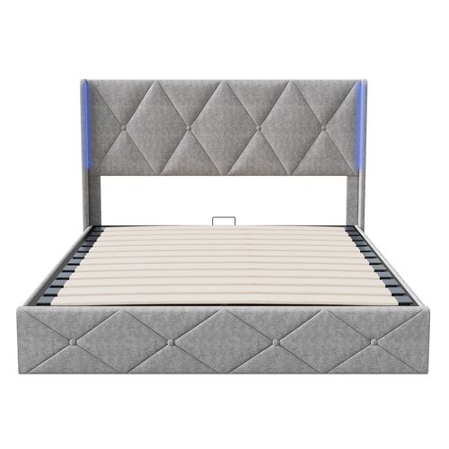 Lit Double Rembourré 160x200 Cm, Avec LED, Lit Coffre Avec Rangement Et Sommier à Lattes, Gris