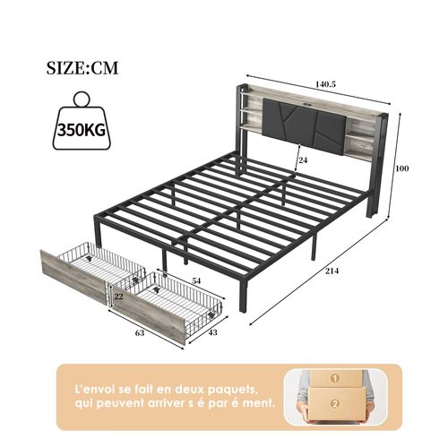 Lit Double En Métal 140 X 200 Cm Avec LED Et USB, Avec Rangement, Sommier à Lattes, Noir