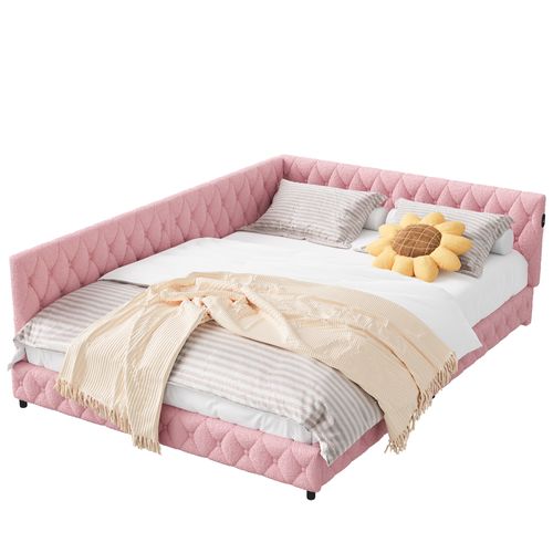 Lit 140x200 Cadre De Lit, Velours Litss Double, Avec LED Et USB, Avec Sommier à Lattes, Rose