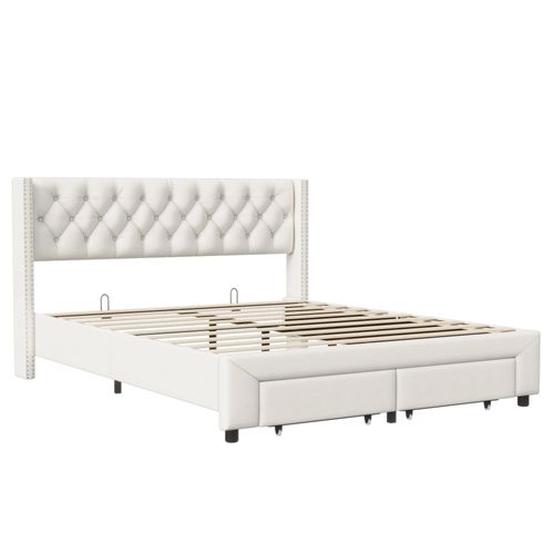 Cadre De Lit 140 X 190 Avec Tiroirs, Lit Capitonne Avec LED Et USB Lit Rembourré En Velours, Beige