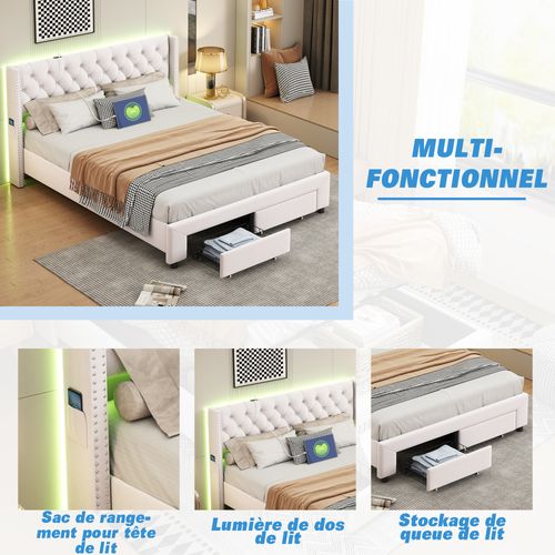 Cadre De Lit 140 X 190 Avec Tiroirs, Lit Capitonne Avec LED Et USB Lit Rembourré En Velours, Beige