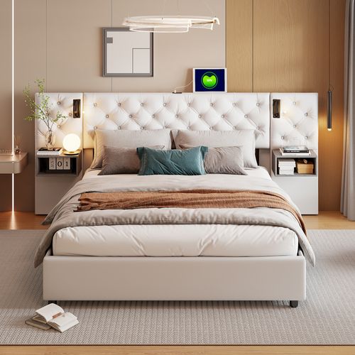 Lit Coffre 140 X 200 Cm Avec Sommier LED Et USB,  Sommier à Lattes, Velours, Blanc