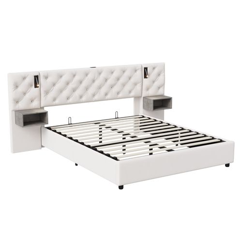 Lit Coffre 140 X 200 Cm Avec Sommier LED Et USB,  Sommier à Lattes, Velours, Blanc