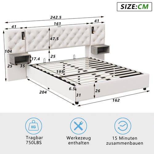 Lit Coffre 160 X 200 Cm Avec Sommier LED Et USB, Sommier à Lattes, Velours, Blanc