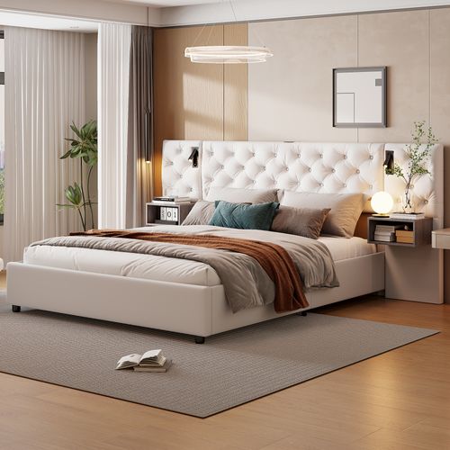 Lit Coffre 160 X 200 Cm Avec Sommier LED Et USB, Sommier à Lattes, Velours, Blanc