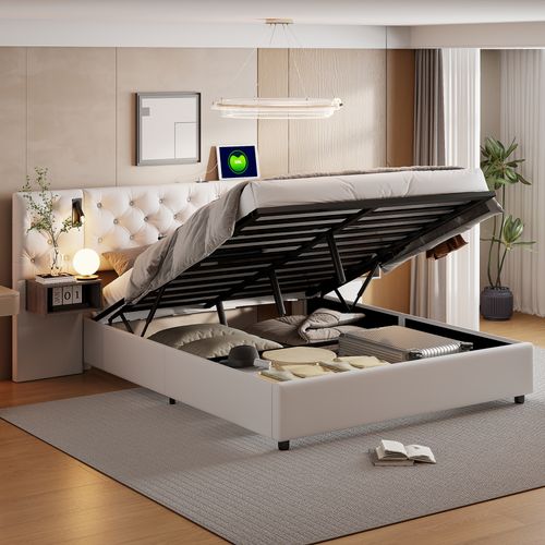 Lit Coffre 160 X 200 Cm Avec Sommier LED Et USB, Sommier à Lattes, Velours, Blanc