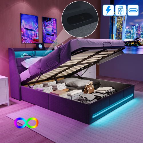 Lit 140x190 Avec Sommier LED Et USB, Et Sommier à Lattes,lit Double Avec Rangement, Lin, Gris