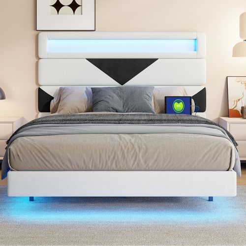 Lit 140 X 190 Cm Design Flottant Avec LED - USB, Cadre De Lit Double Avec Sommier , Velours, Blanc