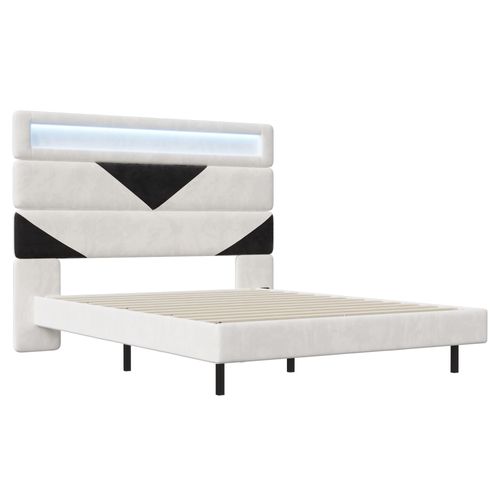 Lit 140 X 190 Cm Design Flottant Avec LED - USB, Cadre De Lit Double Avec Sommier , Velours, Blanc