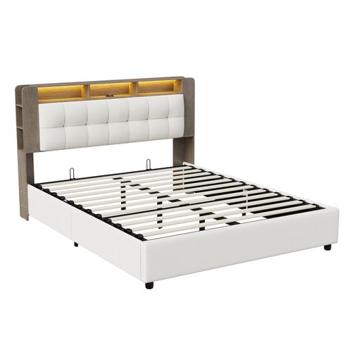 Lit Coffre 140x200 Avec LED Et Fonction De Chargement Sans Fil, Avec Rangement, Velours, Blanc