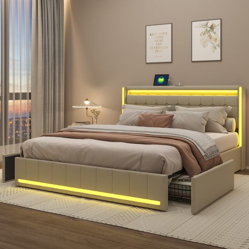 Lit Adulte 140 * 190cm Beige, Tête De Lit Avec Lumière LED Et Chargement USB, Avec 4 Tiroirs