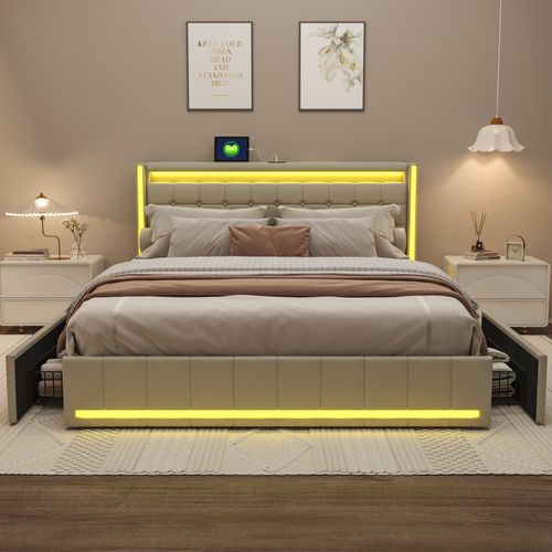 Lit Adulte 140 * 190cm Beige, Tête De Lit Avec Lumière LED Et Chargement USB, Avec 4 Tiroirs