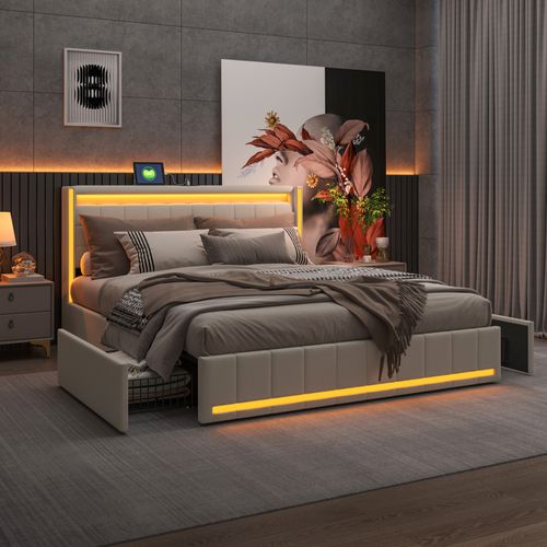 Lit Adulte 140 * 190cm Beige, Tête De Lit Avec Lumière LED Et Chargement USB, Avec 4 Tiroirs