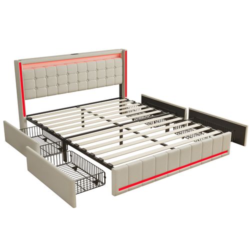 Lit Adulte 140 * 190cm Beige, Tête De Lit Avec Lumière LED Et Chargement USB, Avec 4 Tiroirs