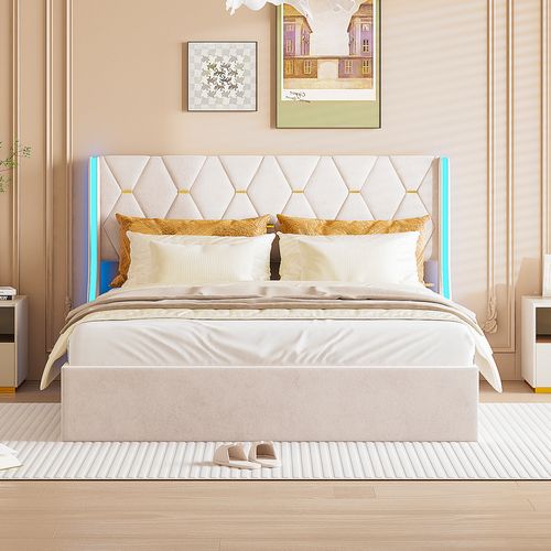 Lit Capitonné 140x190 Cm Avec LED, Lit Double Avec Rangement, Avec Sommier à Lattes, Beige