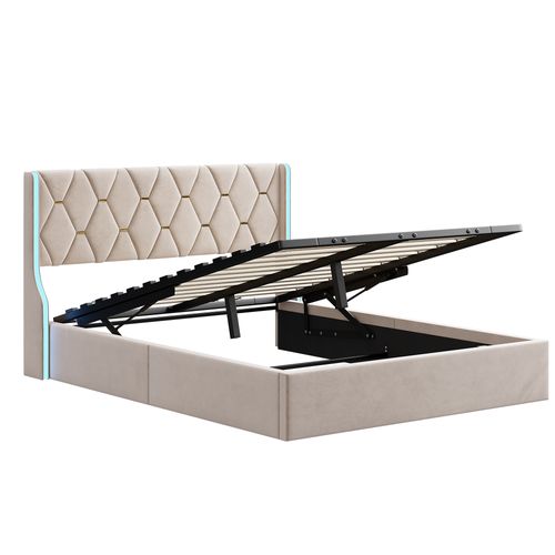 Lit Capitonné 140x190 Cm Avec LED, Lit Double Avec Rangement, Avec Sommier à Lattes, Beige