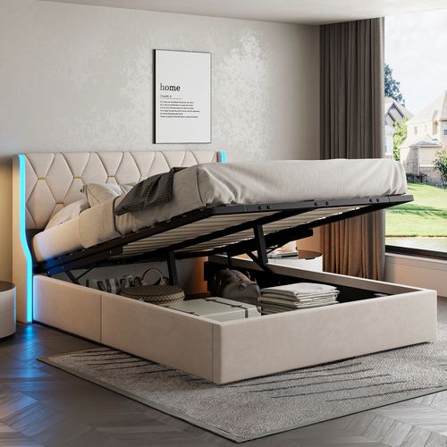 Lit Capitonné 140x190 Cm Avec LED, Lit Double Avec Rangement, Avec Sommier à Lattes, Beige