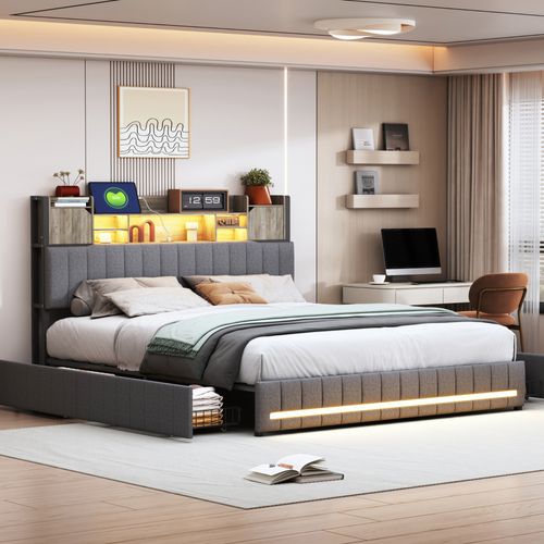 Lit 140x200 Avec LED Et USB, Lit Double Rembourré Avec Sommier à Lattes Et 4 Tiroirs, Lin, Gris