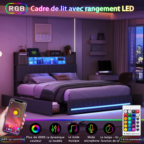 Lit 140x200 Avec LED Et USB, Lit Double Rembourré Avec Sommier à Lattes Et 4 Tiroirs, Lin, Gris