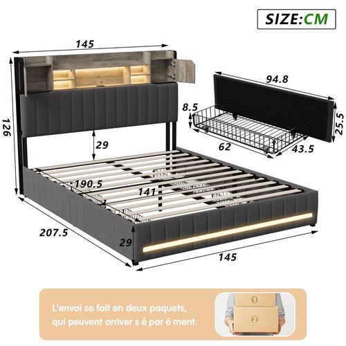 Lit 140x190 Avec LED Et USB, Lit Double Rembourré Avec Sommier à Lattes Et 4 Tiroirs, Lin, Gris