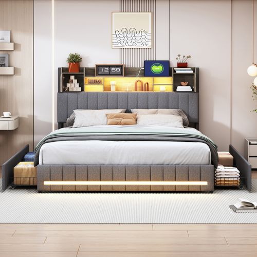 Lit 140x190 Avec LED Et USB, Lit Double Rembourré Avec Sommier à Lattes Et 4 Tiroirs, Lin, Gris