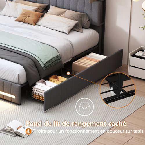 Lit 140x190 Avec LED Et USB, Lit Double Rembourré Avec Sommier à Lattes Et 4 Tiroirs, Lin, Gris