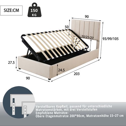 Lit Pour Enfant Rembourré, 90 X 200 Cm, Coffre De Rangement Hydraulique, En Lin, Beige