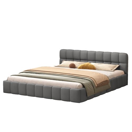 Lit Double Rembourré, à Bulles, 140 X 190 Cm, Avec Sommier à Lattes Et Dossier Souple,  Lin, Girs