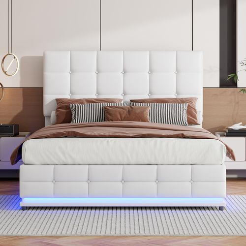 Lit Rembourré En Pu 140x200 Cm Avec LED Et Lit à Levage , Sommier à Lattes, Lit Double, Pu, Blanc