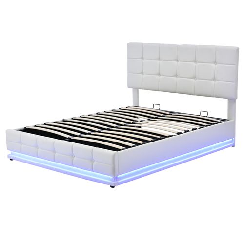 Lit Rembourré En Pu 140x200 Cm Avec LED Et Lit à Levage , Sommier à Lattes, Lit Double, Pu, Blanc
