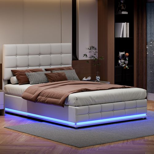 Lit Rembourré En Pu 140x200 Cm Avec LED Et Lit à Levage , Sommier à Lattes, Lit Double, Pu, Blanc