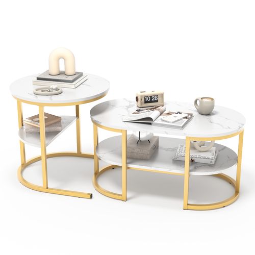 Lot De 2 Tables Basses Rondes Et Ovales Avec Espace De Rangement, Aspect Marbre, Blanc Et Doré