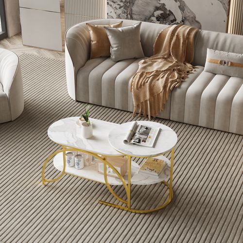 Lot De 2 Tables Basses Gigognes, Table Basse Ronde En Marbre, Tables D'appoint Ronde, Doré + Blanc