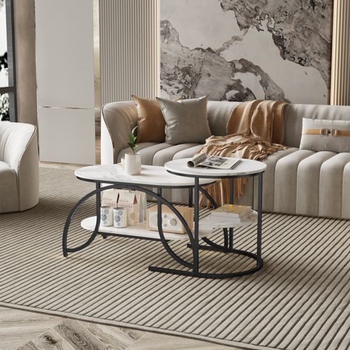 Lot De 2 Tables Basses Gigognes, Table Basse Ronde En Marbre, Tables D'appoint Ronde, Noirs + Blanc