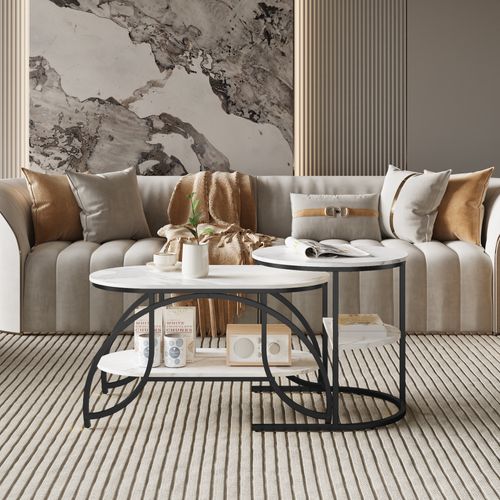 Lot De 2 Tables Basses Gigognes, Table Basse Ronde En Marbre, Tables D'appoint Ronde, Noirs + Blanc