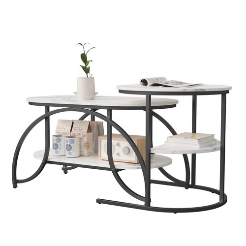 Lot De 2 Tables Basses Gigognes, Table Basse Ronde En Marbre, Tables D'appoint Ronde, Noirs + Blanc